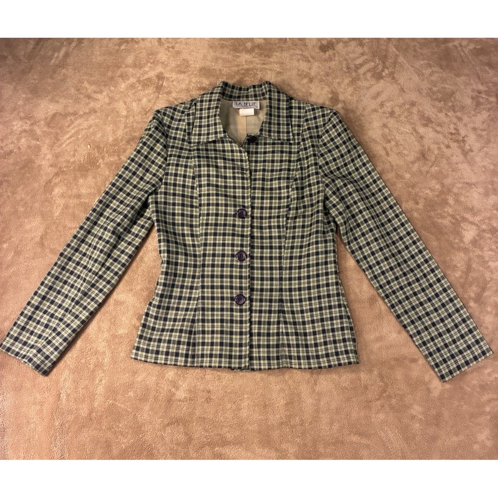 VTG La Belle Navy Lime Green Plaid Blazer Jacket Made in USA Size 9 Clueless 90s